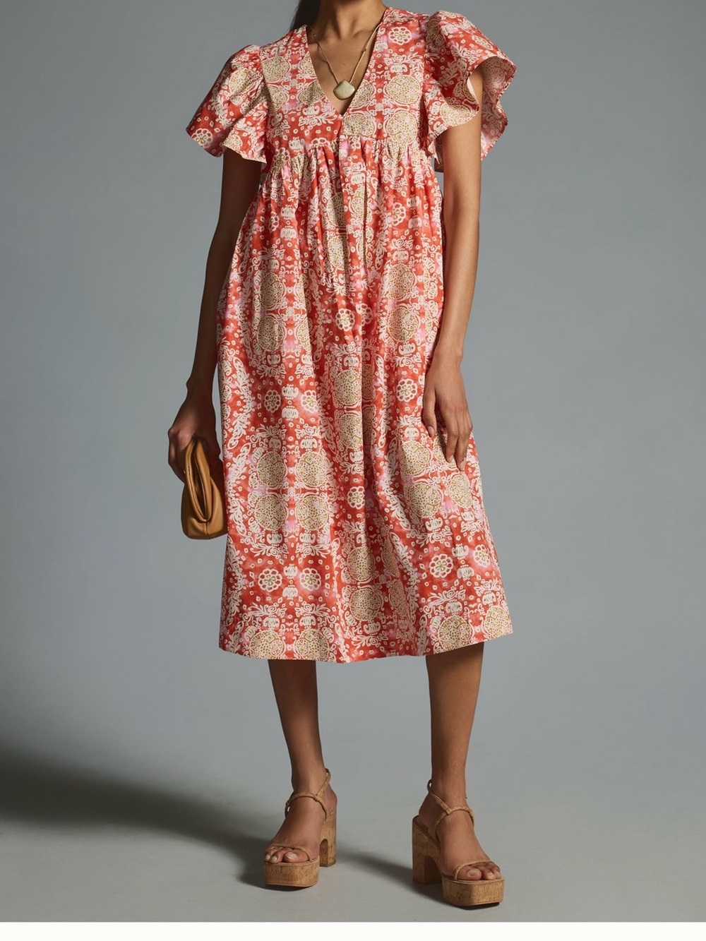 Anthropologie Coral and Cream Floral Flutter-Sleeve Midi Dress